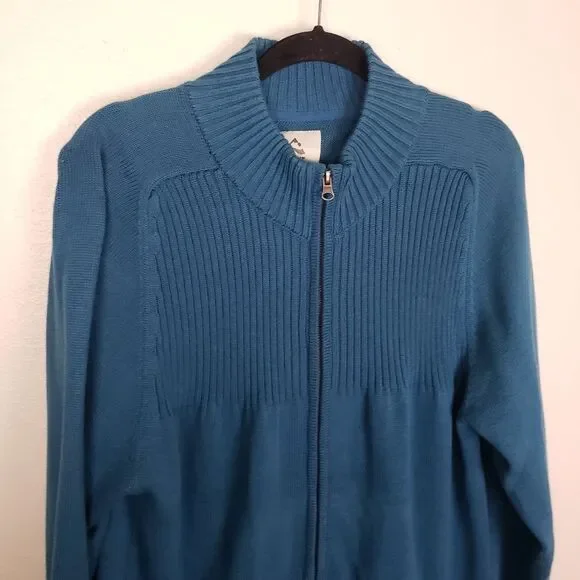 Women's Blue Knitted Cotton Long Tunic Zip Up Cold Weather Jacket Size XL - Picture 3 of 10